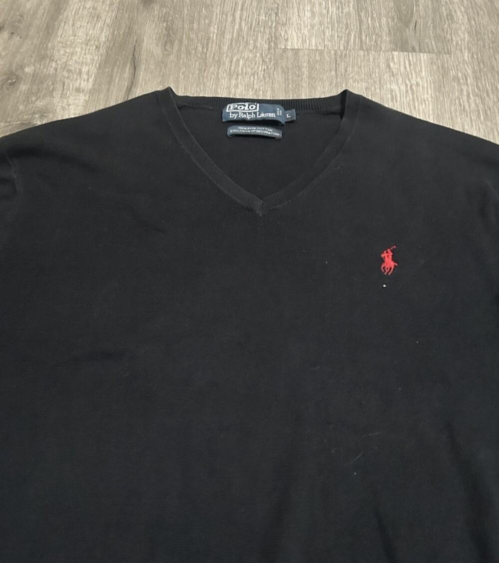 Polo Ralph Lauren Sweater Mens L Black V-Neck Pima Cotton Red Pony Pullover
